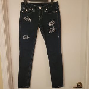 True Religion Skinny Ripped Jeans With Crystal Patches, Size 28